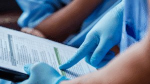 Nurses looking at hospital form in Northern Ireland