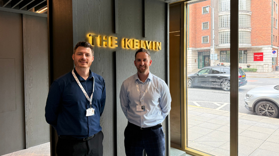 Leadcare Recruitment Directors Stephen Ferguson and Paul Strachan standing in front of their new Belfast office The Kelvin