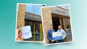Leadcare Recruitment Directors Stephen Ferguson and Paul Strachen standing in front of their new Belfast office The Kelvin