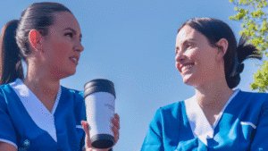 Two female Leadcare Recruitment staff talking to each other